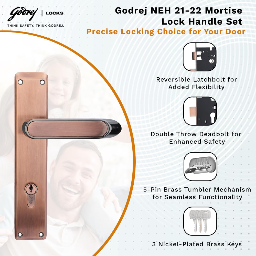 Godrej Mortise Lock|Handle Lock Set for Main & Internal Door of Home & Offices|NEH 21|Black Antique Finish|8 inch Lockbody|60 mm Cylinder Key from outside knob from inside & 3 Keys|5 Years Warranty